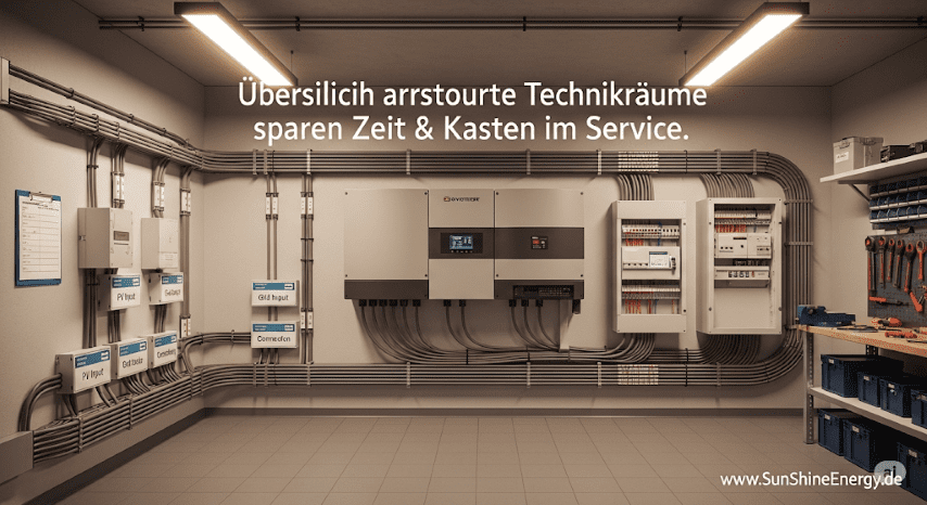Ein Technikraum mit einem Wechselrichter, der saubere Kabel und eine ordentliche Anordnung zeigt.