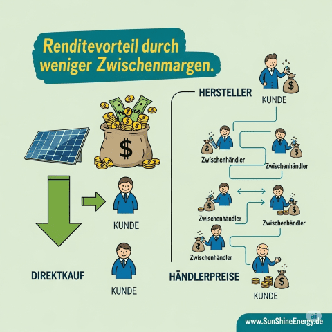 Eine Infografik mit den Überschriften "Direktkauf" und "Händlerpreise" und einer Illustration, die zeigt, wie der Direktkauf durch das Wegfallen von Zwischenhändlern zu einem höheren Gewinn führt. Die Webseite www.SunShineEnergy.de ist unten rechts im Bild. 