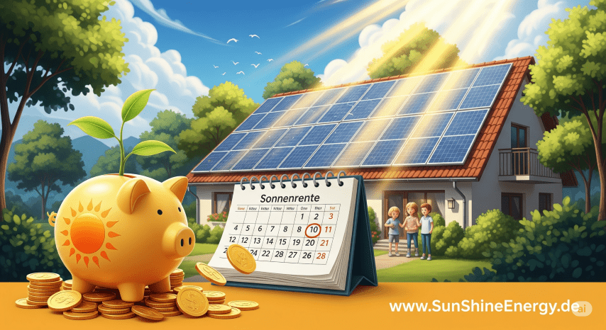 Eine Illustration, die ein Haus mit einer Solaranlage und ein Sparschwein mit Geld darstellt, um das Konzept der Sonnenrente zu verdeutlichen. Die Webseite www.SunShineEnergy.de ist unten rechts im Bild zu sehen.
