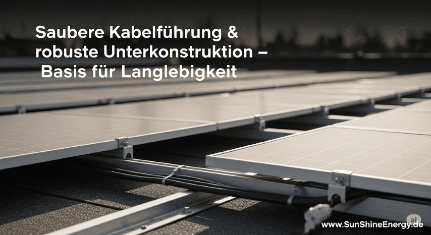Eine PV-Aufdachanlage, die eine ordentliche Installation mit sauberer Kabelführung und robuster Unterkonstruktion zeigt.