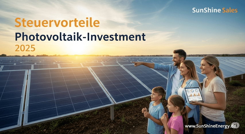 Ein Bild von einem Solarfeld mit dem Text "Steuervorteile Photovoltaik-Investment 2025" und der Webseite www.SunShineEnergy.de.
