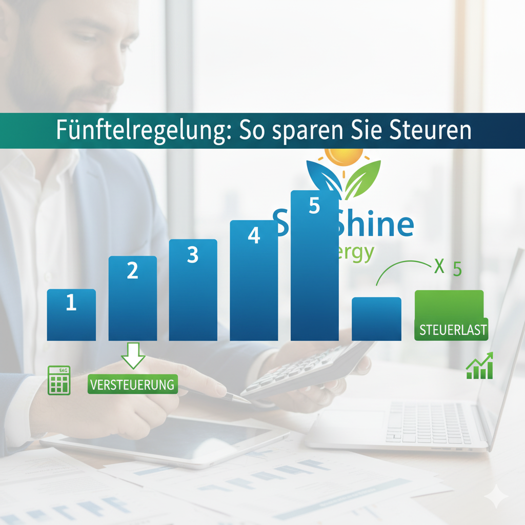 Infografik zur Fünftelregelung bei einer Abfindung, mit fünf Säulen, die einen Steuervorteil durch die Verteilung der Abfindung darstellen. Die Säulen sind in professionellen Blau- und Grüntönen gehalten und beinhalten das Logo von SunShine Sales.